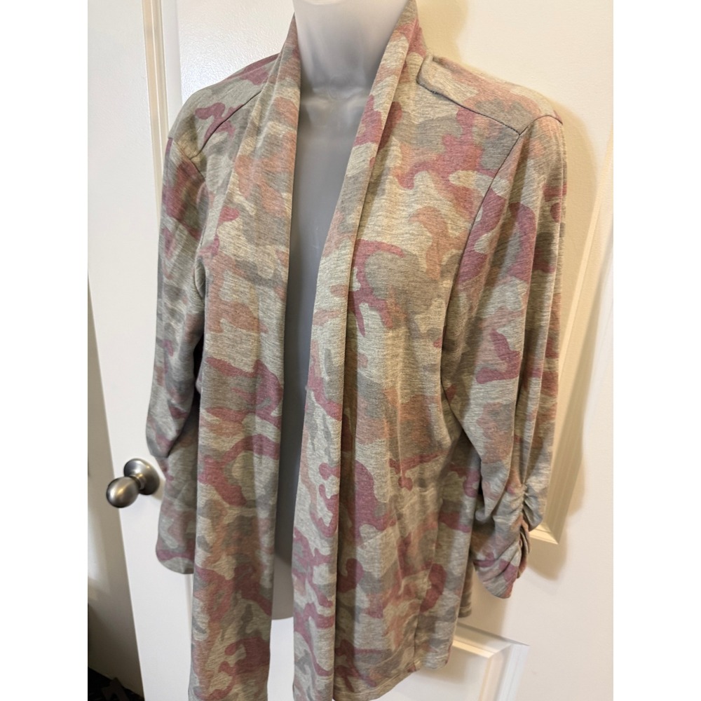 Susan Graver Lifestyle Pink Grey Camo Ruched Sleeve Cardigan XL Petite - Picture 2 of 9